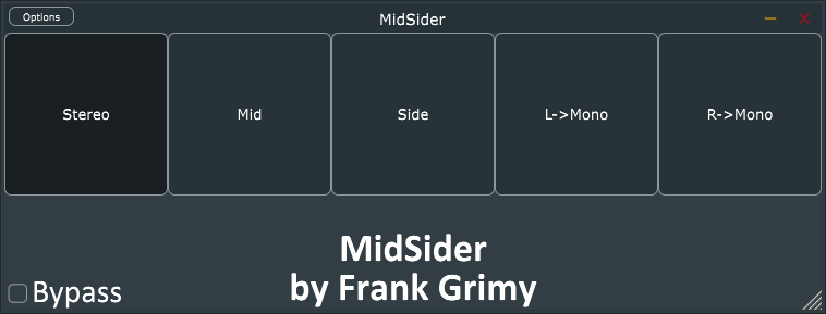 Screenshot of MidSider plugin, showing its 5 buttons on top and the bypass toggle at the bottom left