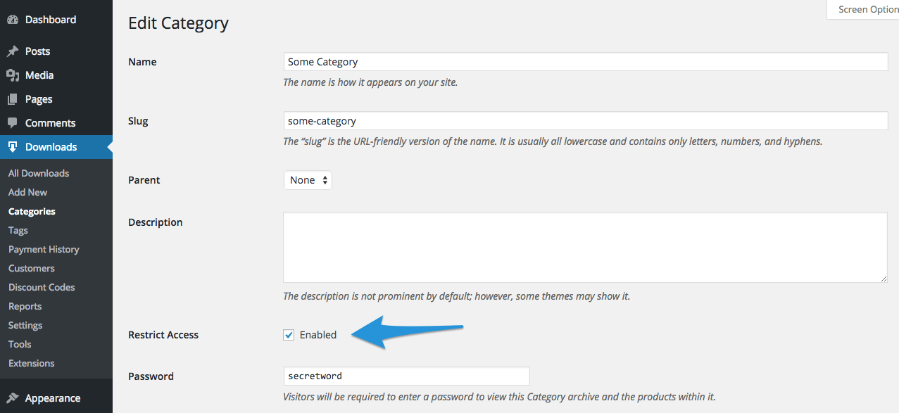 Restrict access to categories with a single checkbox and password