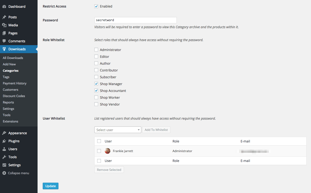 Whitelist roles and users to automatically grant them access without requiring a password