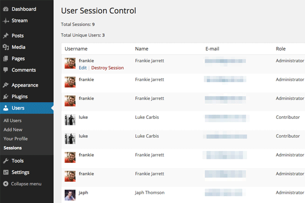 The familiar list table view allows you to view and manage all active user sessions easily.