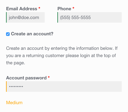 Customers can see their password's strength when registering for an account during checkout.
