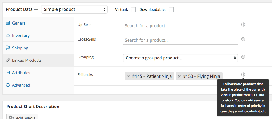 List product fallbacks in order of priority from the Linked Products tab.
