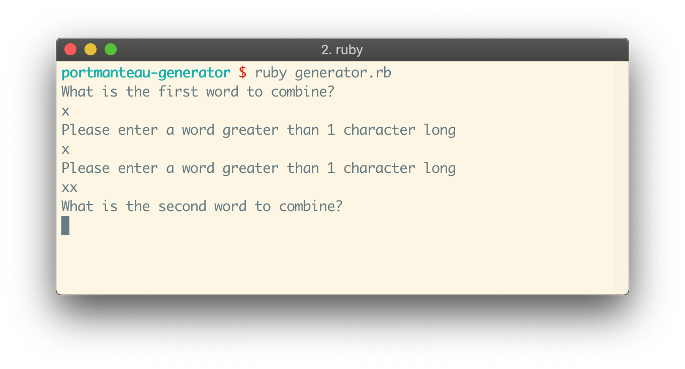 example screenshot of an in-process portmanteau generator program of validating > 1 char