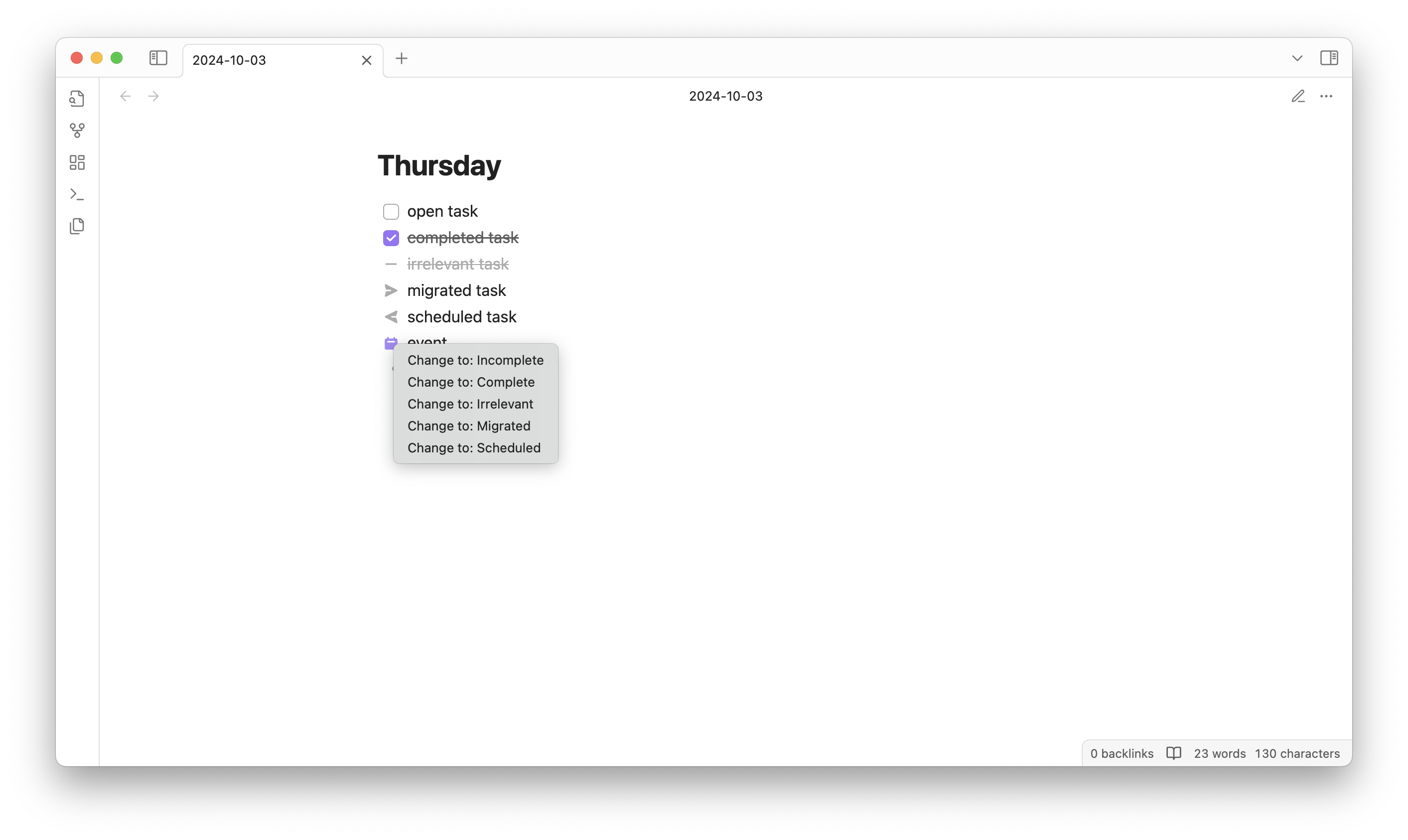 BuJo Bullets context menu