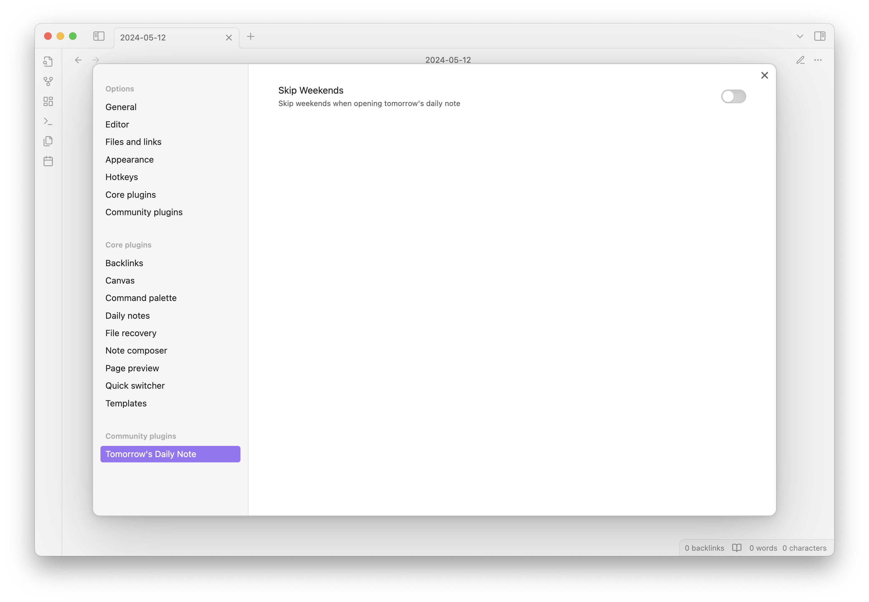 Tomorrow's Daily Note Settings