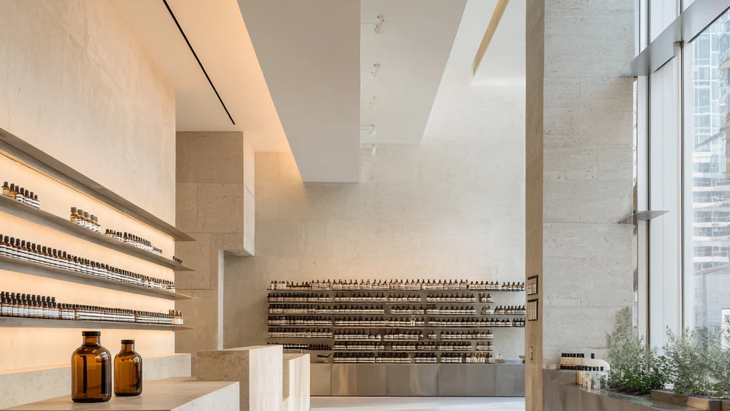 Modern compounding pharmacy interior with amber pharmaceutical bottles on shelves in soft daylight