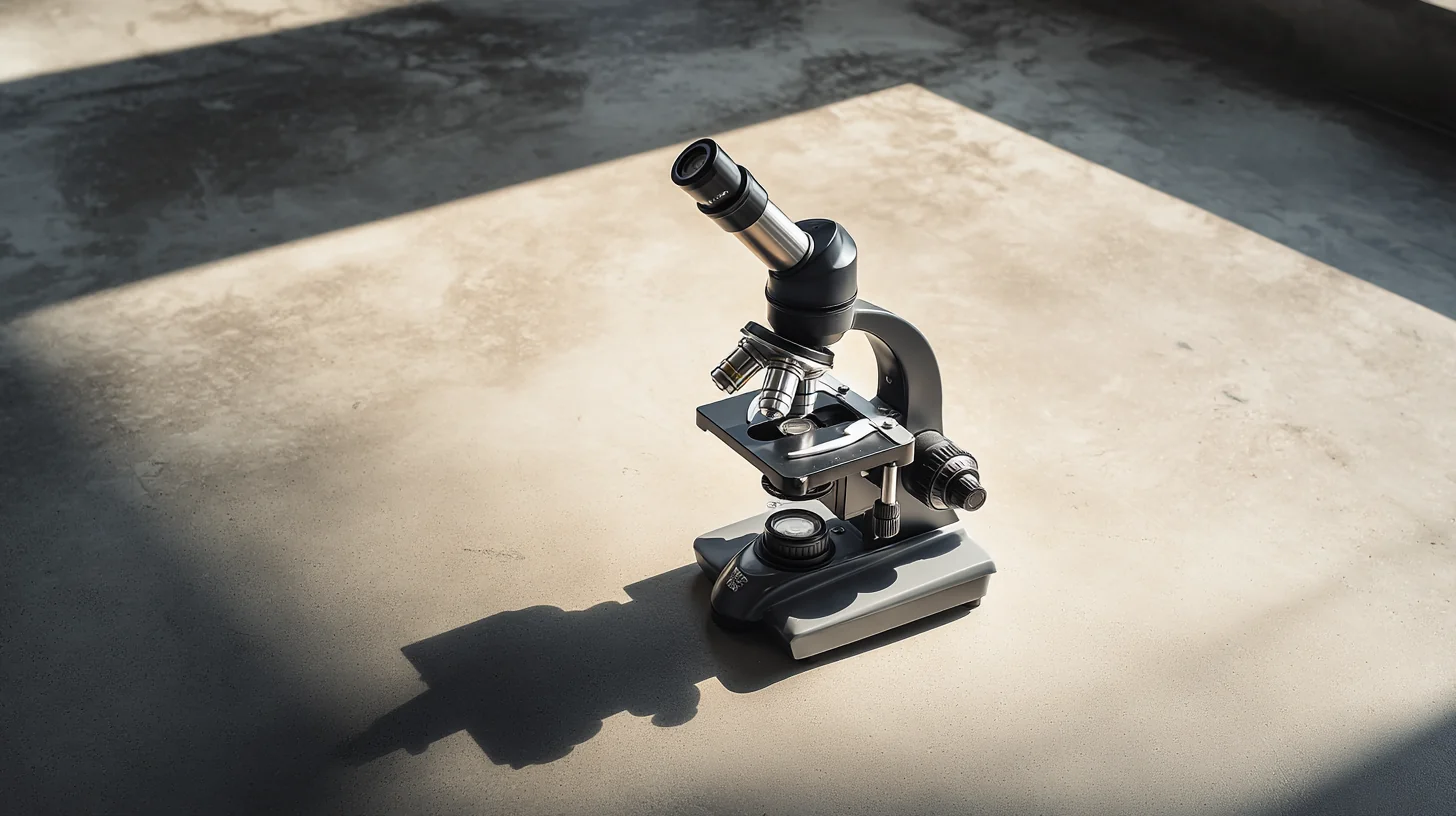 Compound laboratory microscope on warm concrete surface in raking daylight