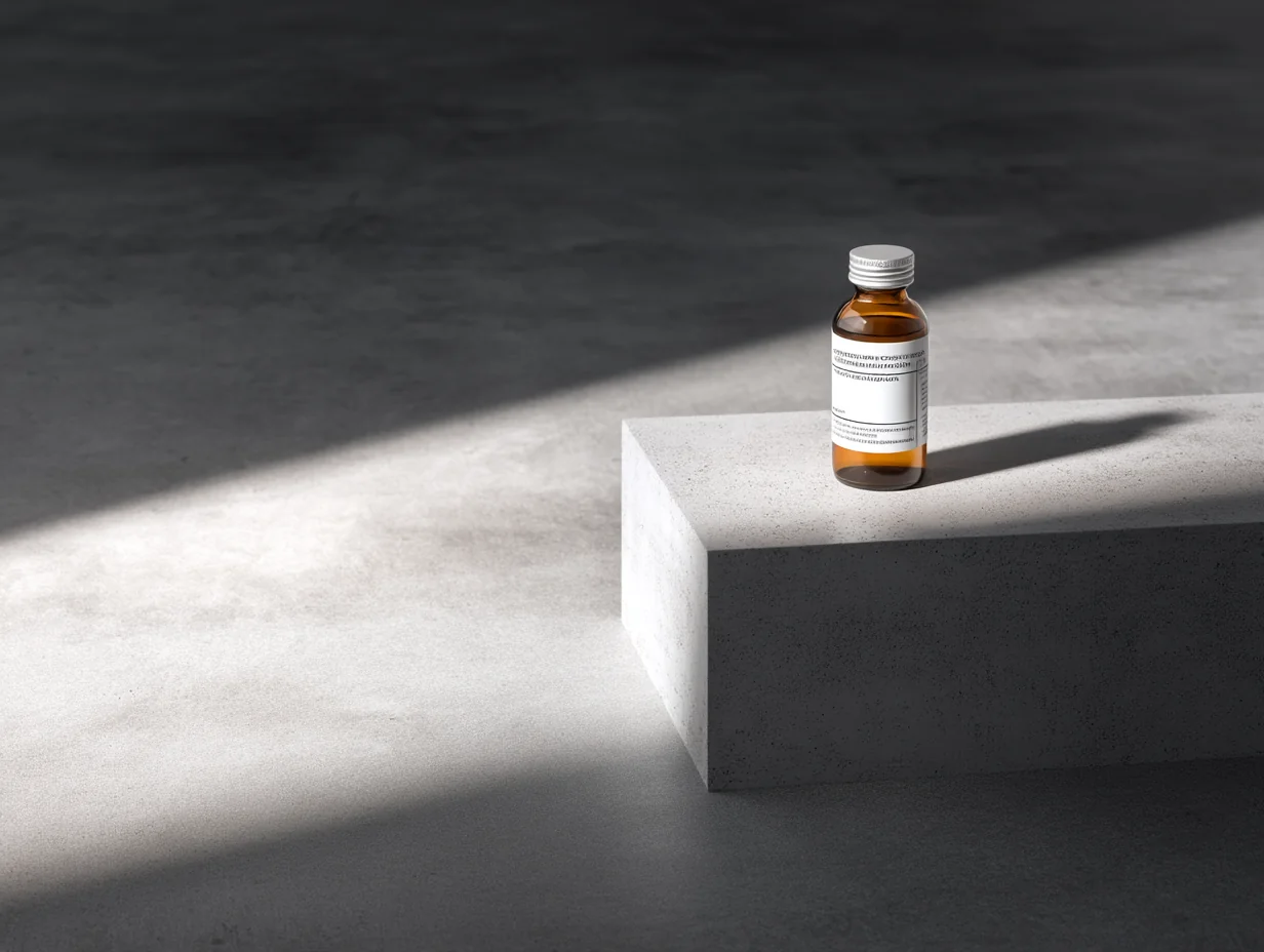 Single amber pharmaceutical vial on warm concrete plinth in directional light