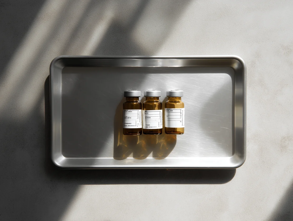 Three amber vials lined in a brushed stainless steel laboratory tray seen from above