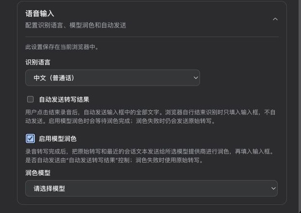 语音输入插件配置，包含识别语言、自动发送和模型润色