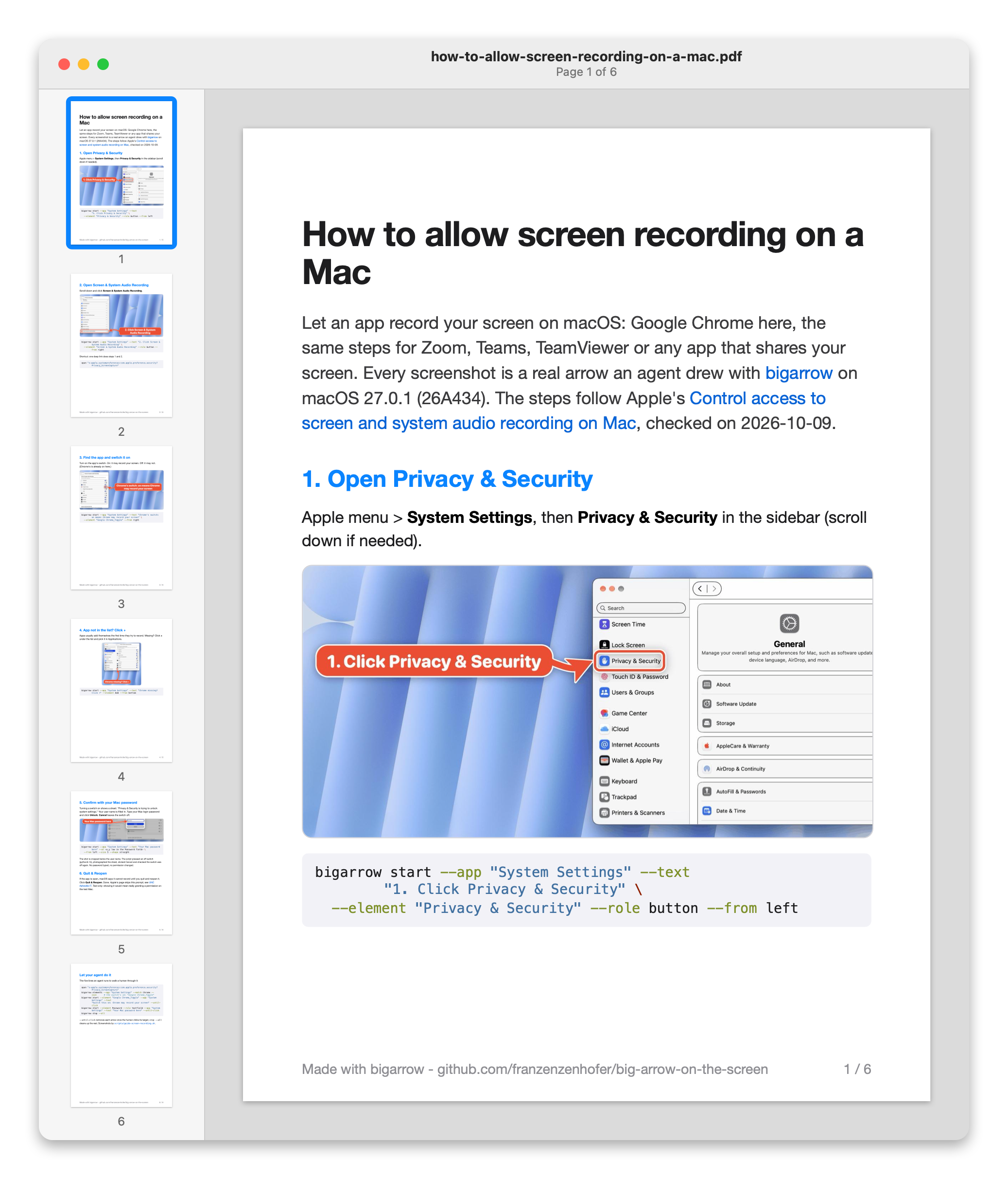 这份指南是 6 页 PDF:左侧为页面缩略图,右侧为放大的第 1 页,《如何在 Mac 上允许屏幕录制》,第 1 步有一个箭头指向「隐私与安全性」