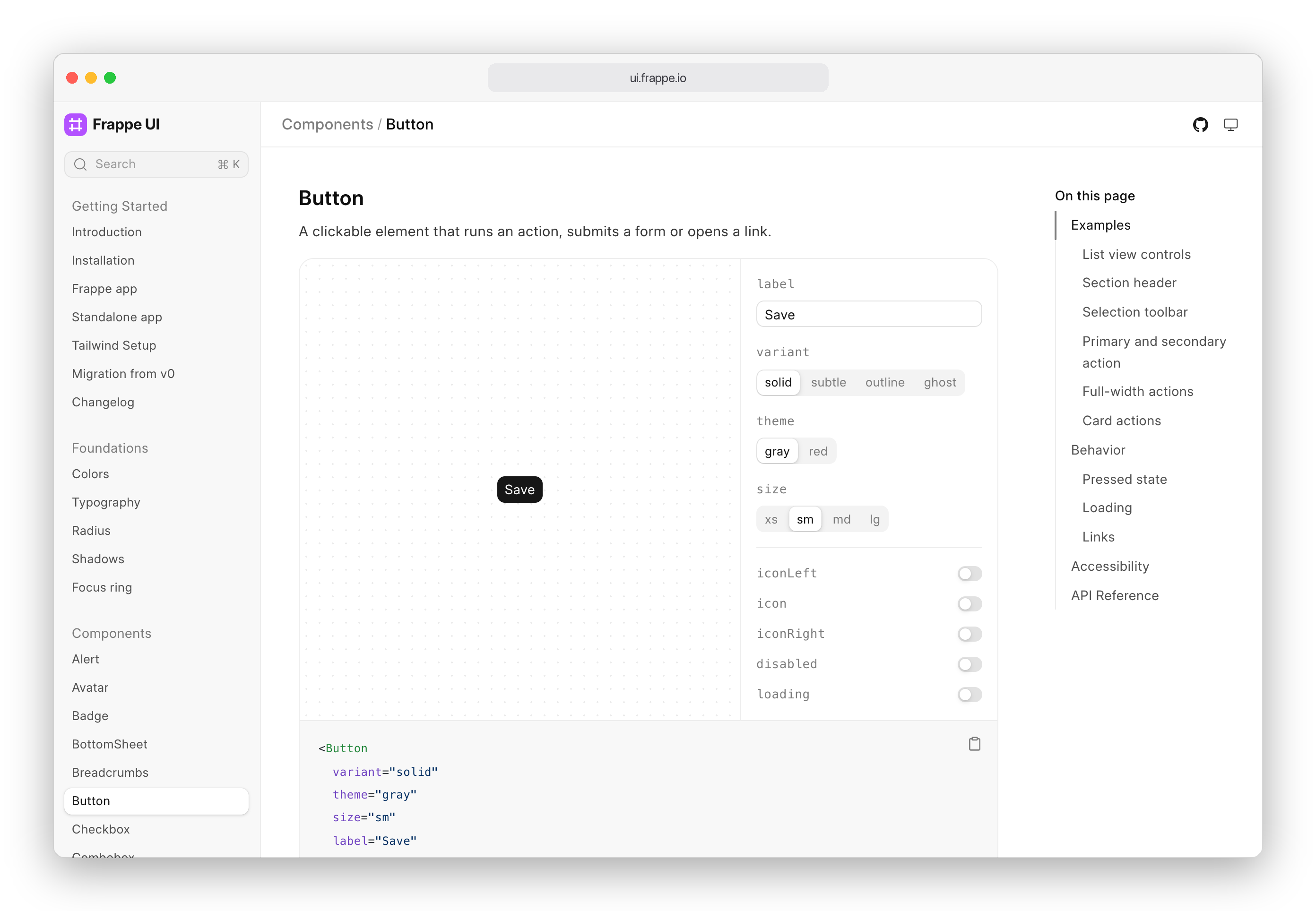The Button page on the Frappe UI documentation site