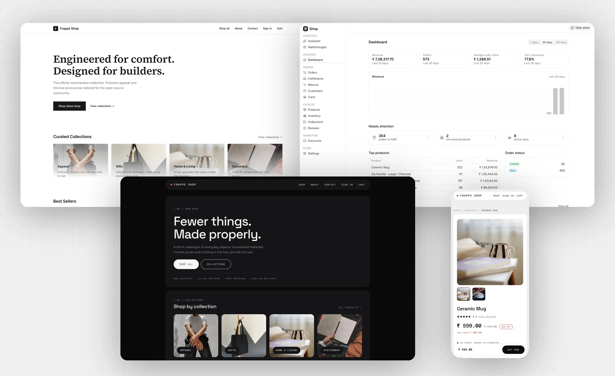 Frappe Shop storefront, merchant admin and mobile