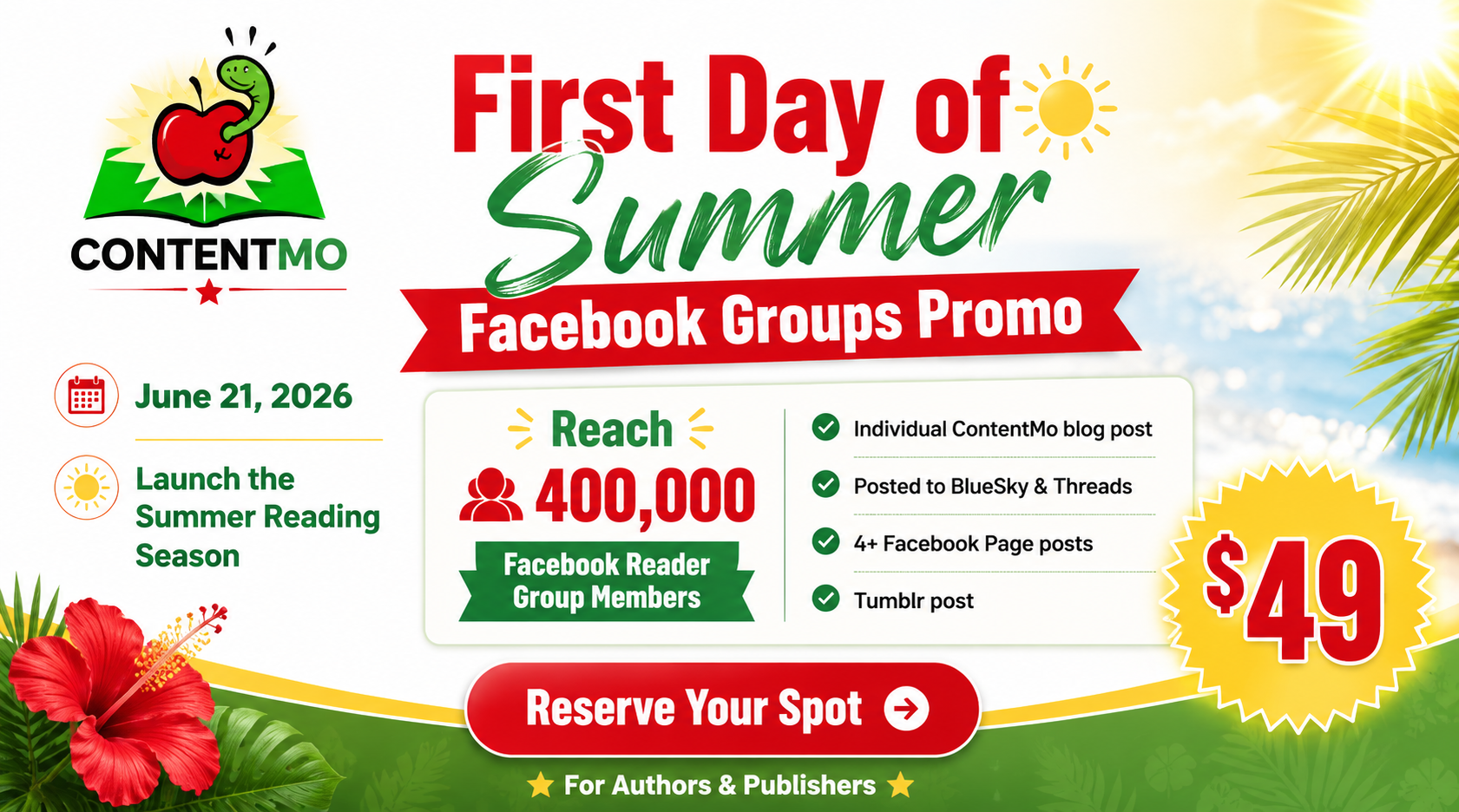 First Day of Summer Facebook Groups Promo from ContentMo — reach 400,000 Facebook Reader Group members for $49