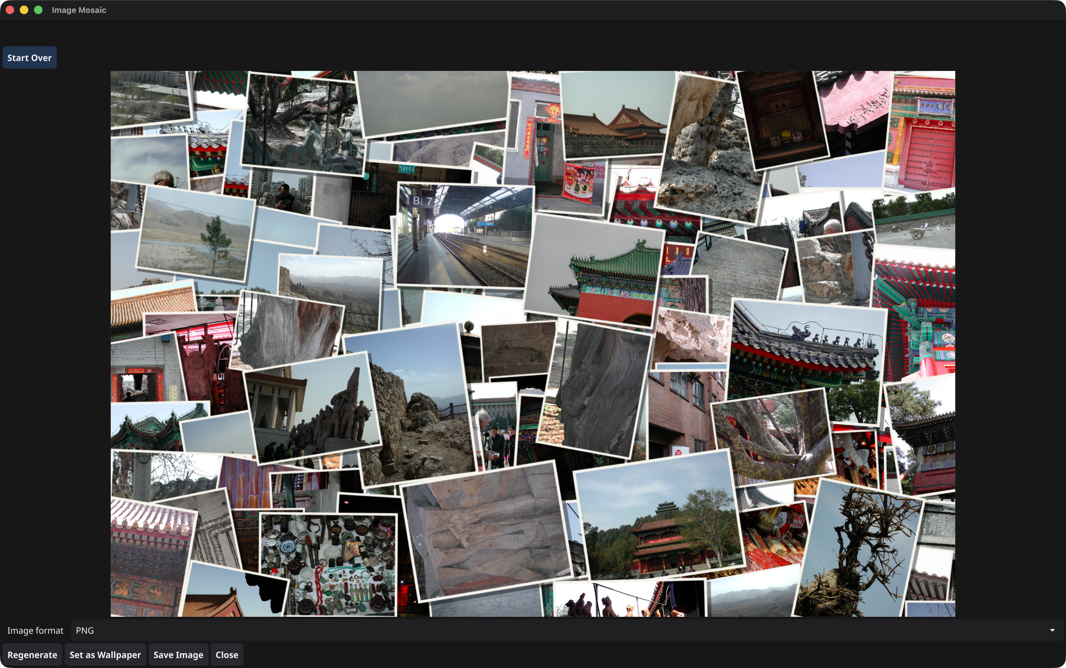 A generated image mosaic made from overlapping framed travel photographs, with controls to regenerate, save it, or set it as wallpaper