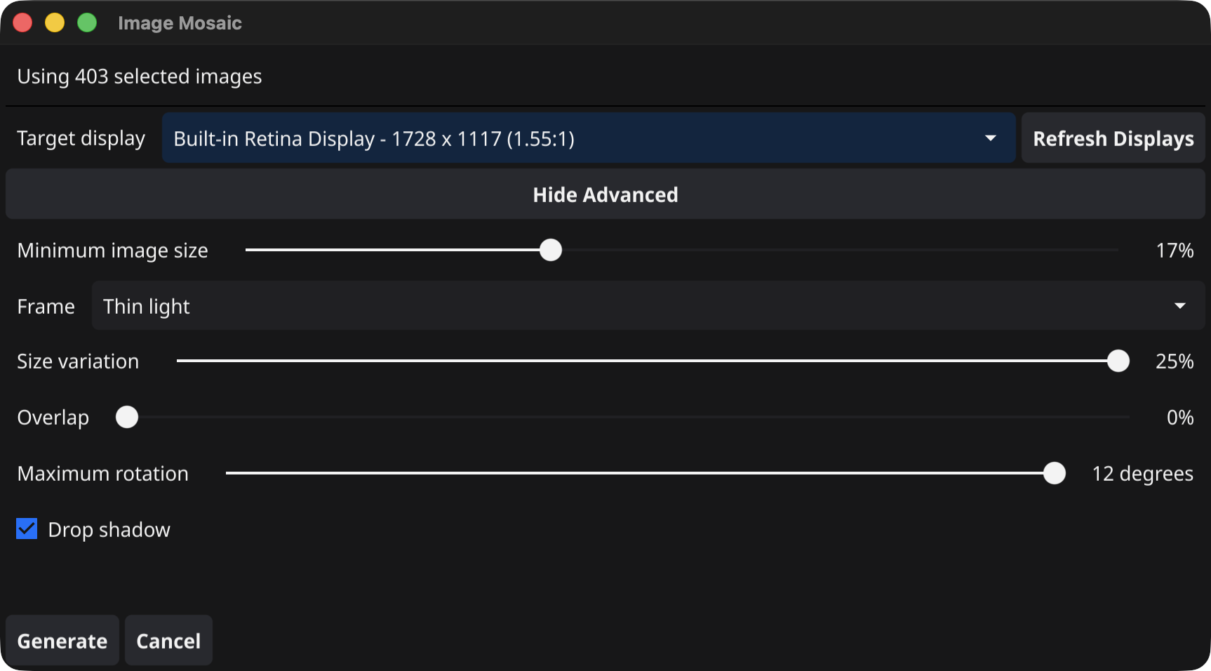 The Image Mosaic settings window showing a 403-image selection, target display picker, and advanced controls for image size, frame, size variation, overlap, rotation and drop shadows
