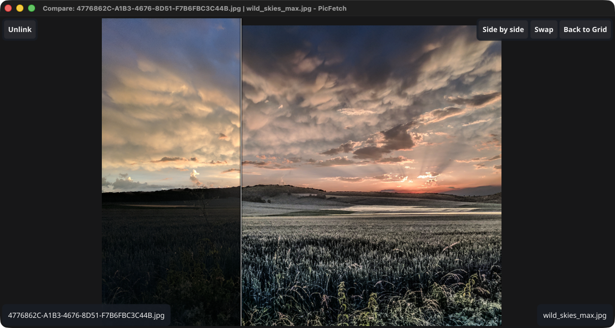 Two photos overlaid in PicFetch with a movable swipe divider revealing the differences