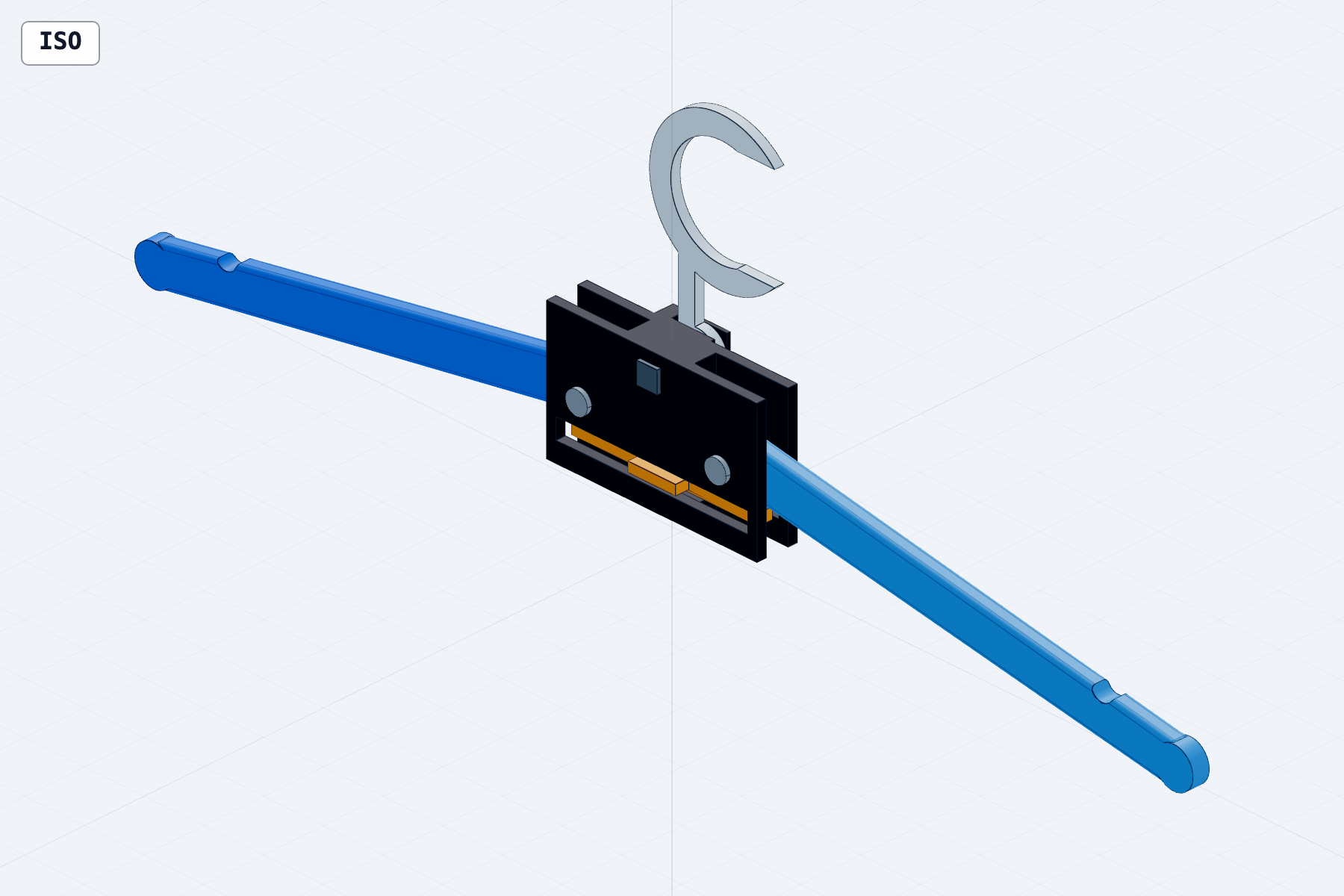 Isometric CAD view of the deployed blue fold-flat hanger with central black yoke, silver hook, and orange lock bar