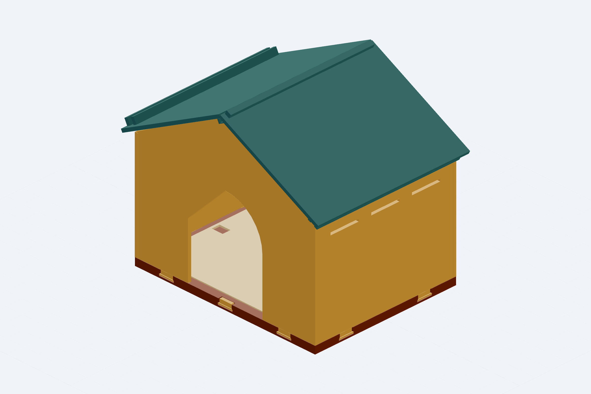Assembled CAD view of a flat-pack cat shelter with a triangular roof and arched entrance