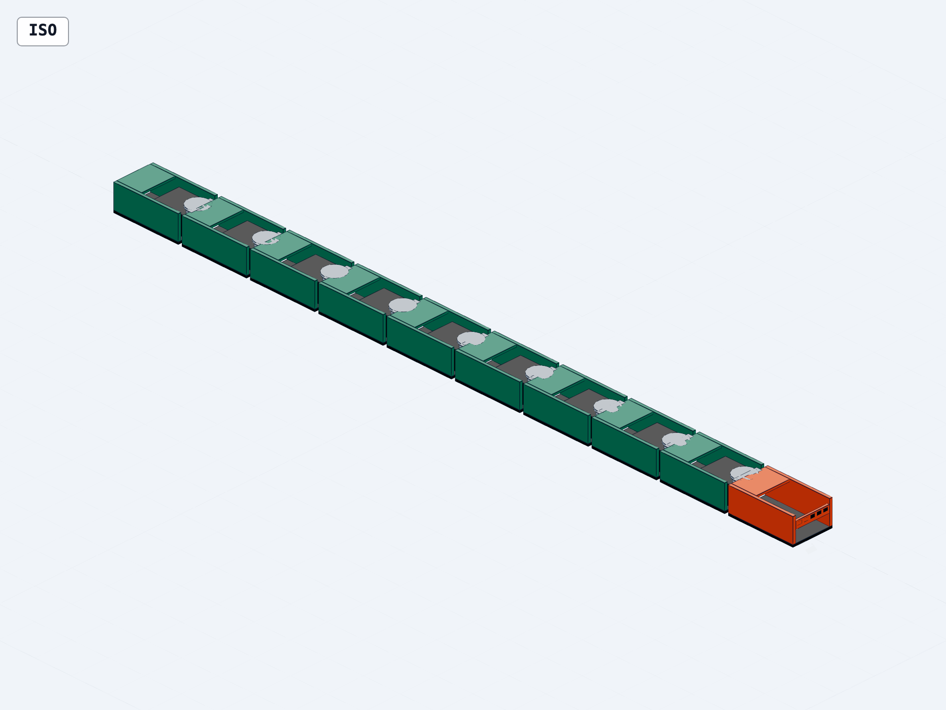 Isometric view of a ten-link robot snake CAD assembly