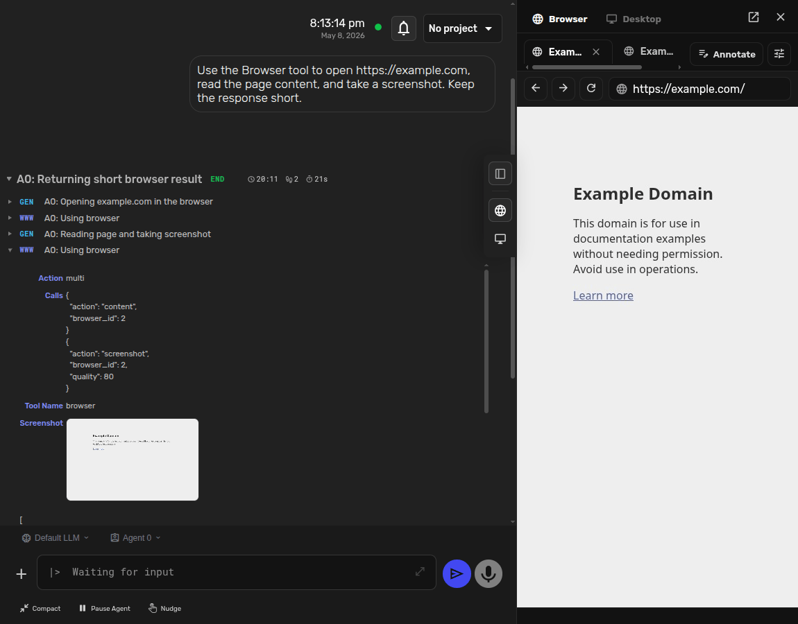 Agent Zero Browser Canvas and tool history