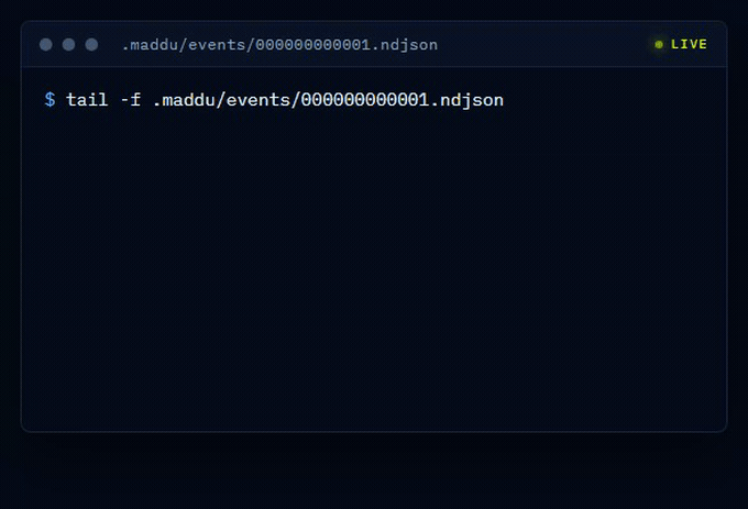 A tail -f on the Máddu spine — FRAMEWORK_BOOTED, SESSION_REGISTERED, LANE_CLAIMED, APPROVAL_DECIDED, GATE_RAN, and the lime SLICE_STOP streaming in, one line each