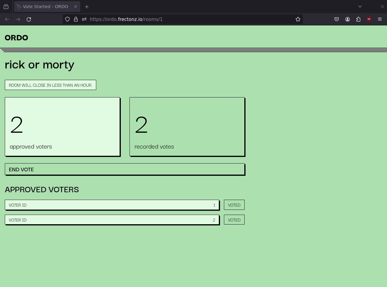 room admin page with two recorded votes