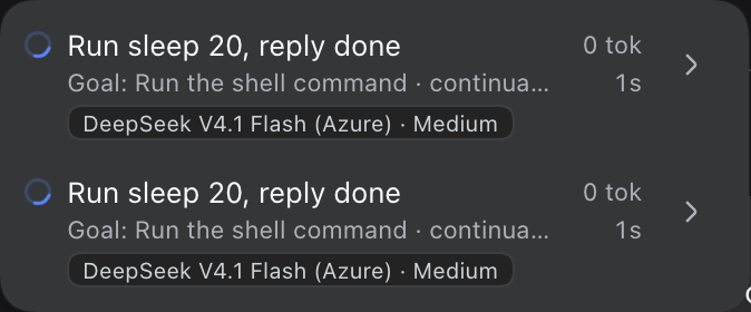 The subagent dropdown: one subagent running (spinner), one finished (check), each with the model it runs on