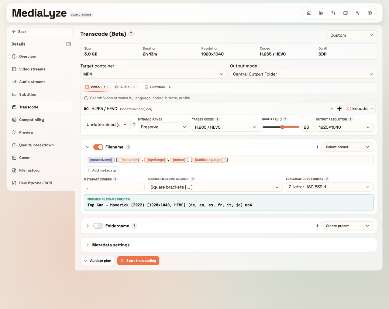 Transcode plan