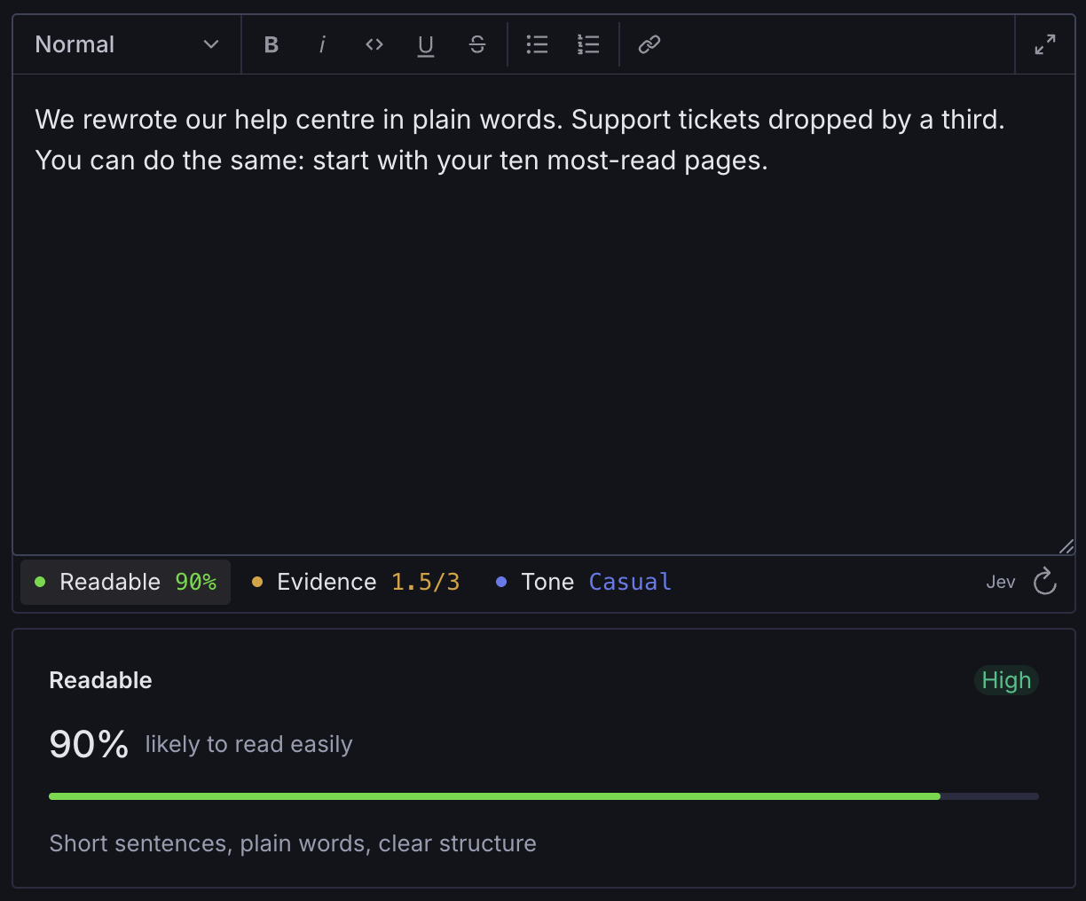 A Body field in Sanity Studio with three question chips under it: Readable 90%, Evidence 1.5/3 and Tone Casual. The Readable details are open: a High badge, 90% likely to read easily, a nearly full green bar, and the hint "Short sentences, plain words, clear structure".