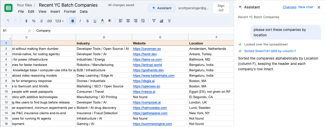 MCP Docs spreadsheet with the built-in assistant sorting companies by location