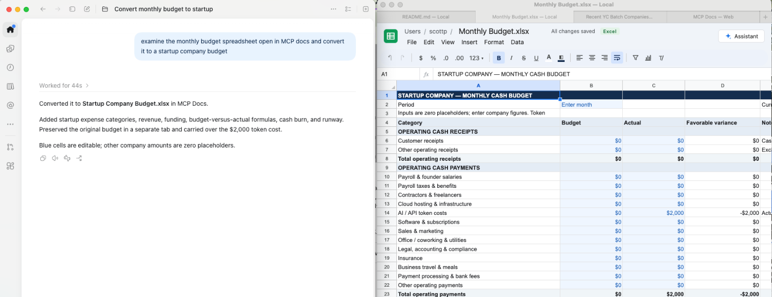 External agent converting a monthly budget into a startup company budget in MCP Docs