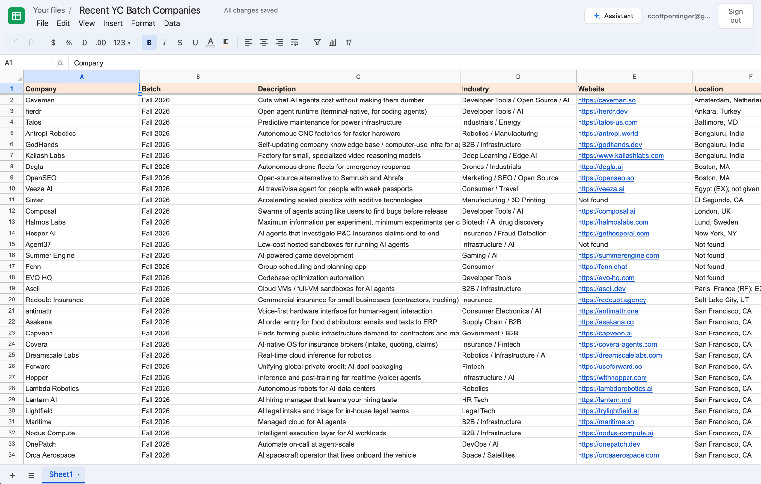 MCP Docs spreadsheet editor showing recent YC batch companies
