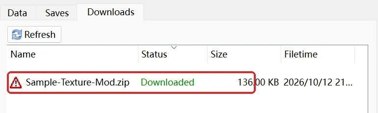 The Downloads tab with Sample-Texture-Mod.zip, status Downloaded