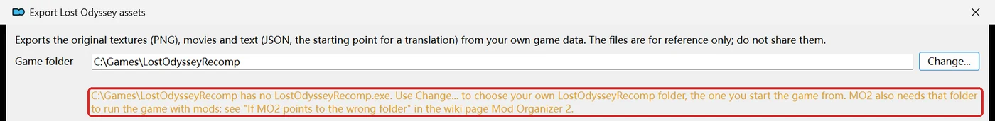 The Game folder warning for a folder without LostOdysseyRecomp.exe