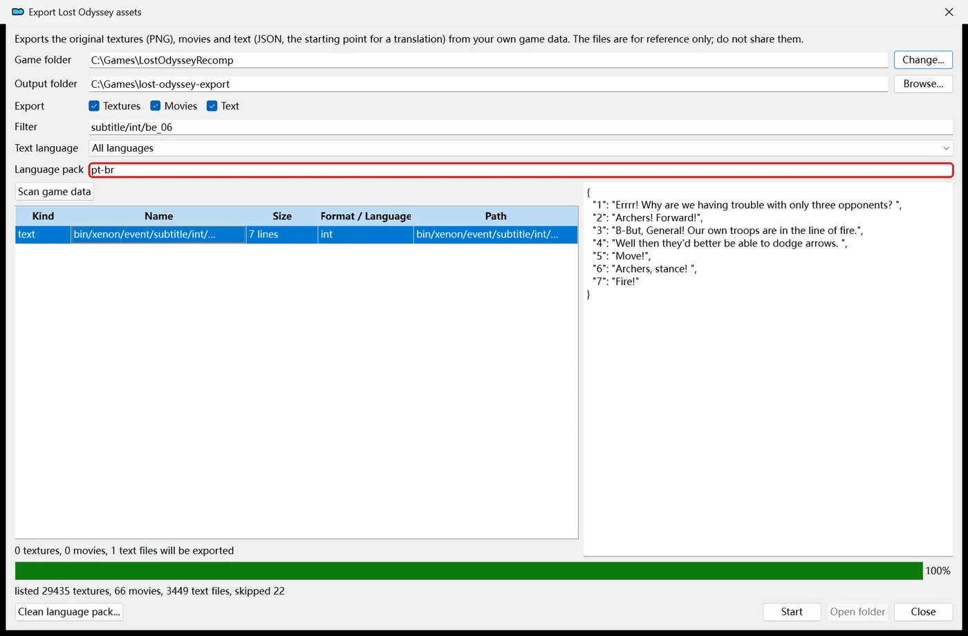 The export window with Language pack pt-br and an English subtitle file previewed