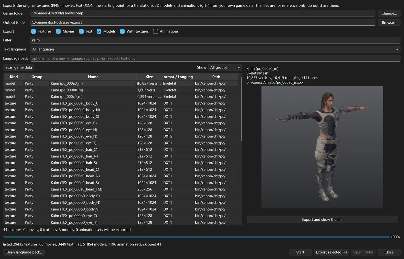 The export window with Models ticked, filtered to kaim, and Kaim's model previewed on the right