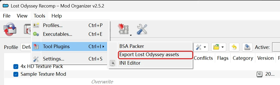 The Tools menu with Tool Plugins and Export Lost Odyssey assets open