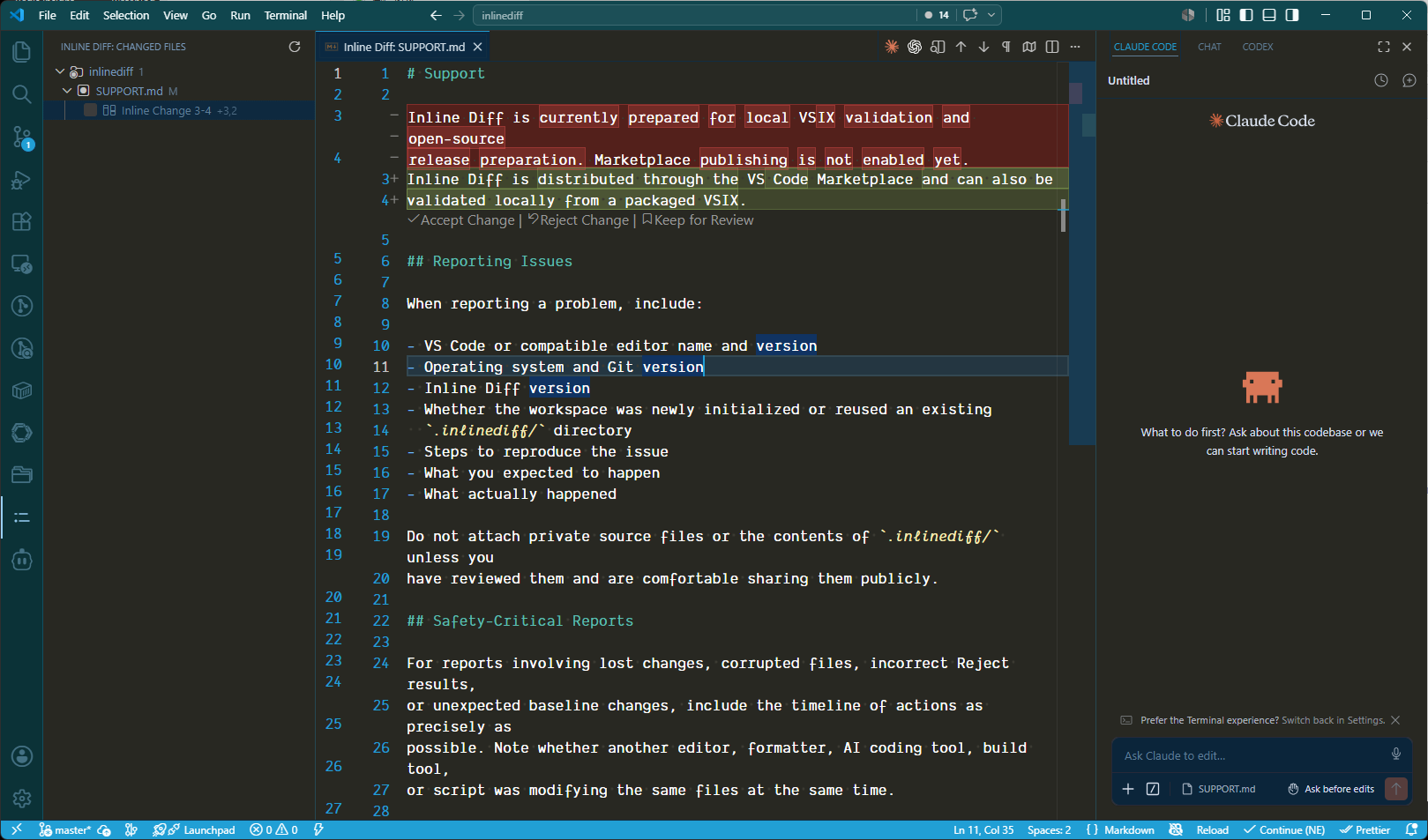 Inline Diff showing changed files and inline accept/reject controls