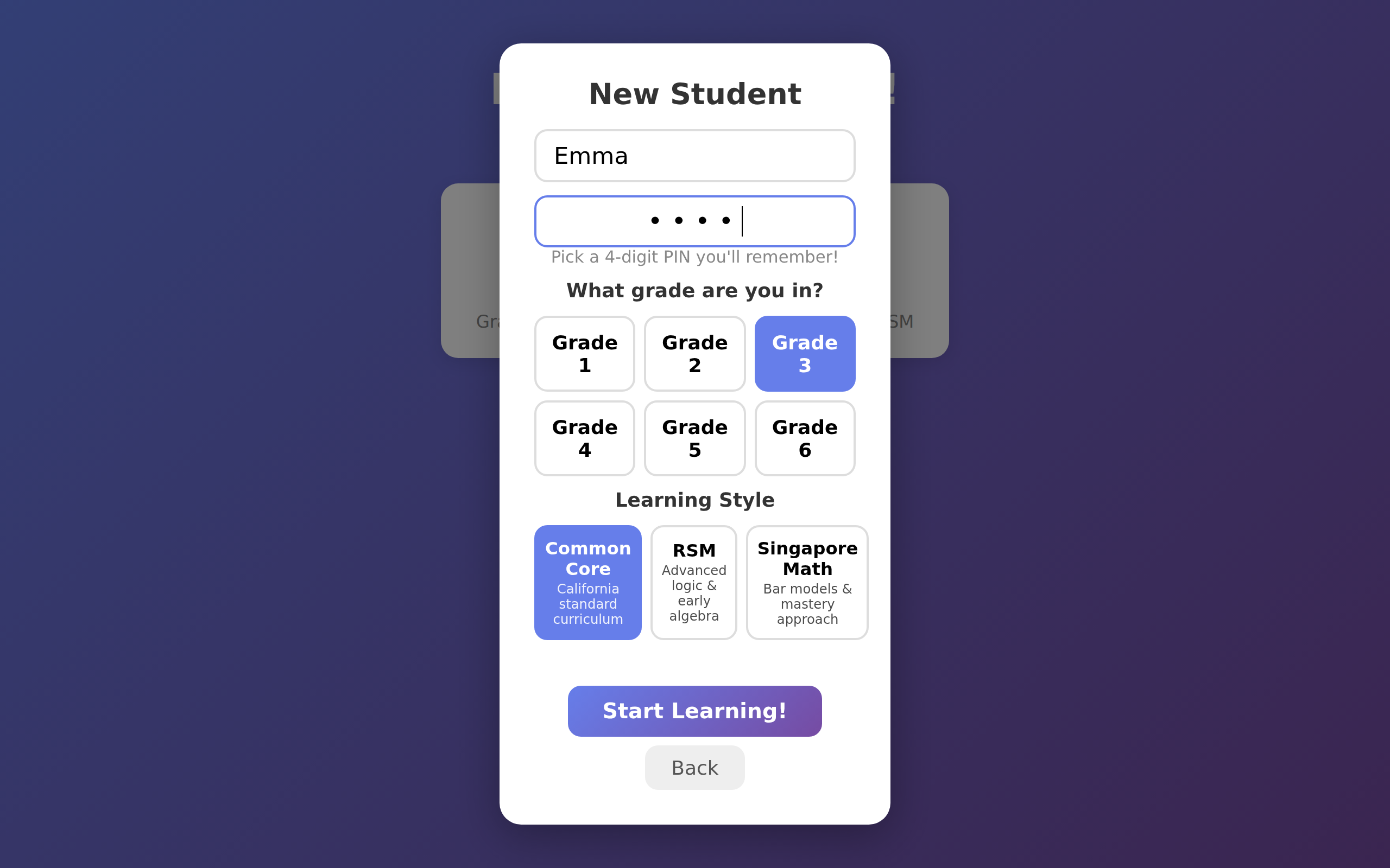 New student setup with grade and curriculum selection