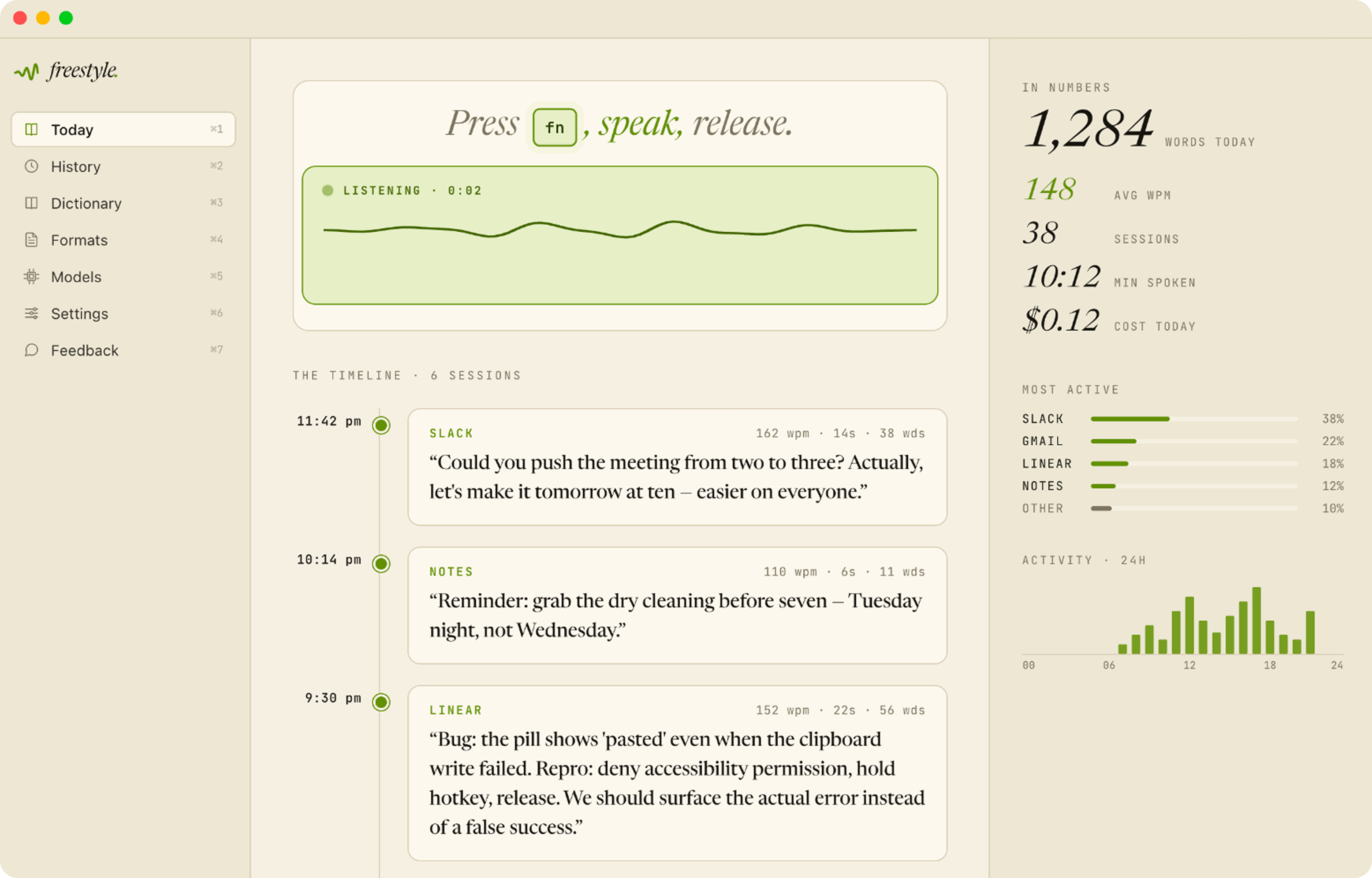 Freestyle dashboard showing a dictation session and recent activity