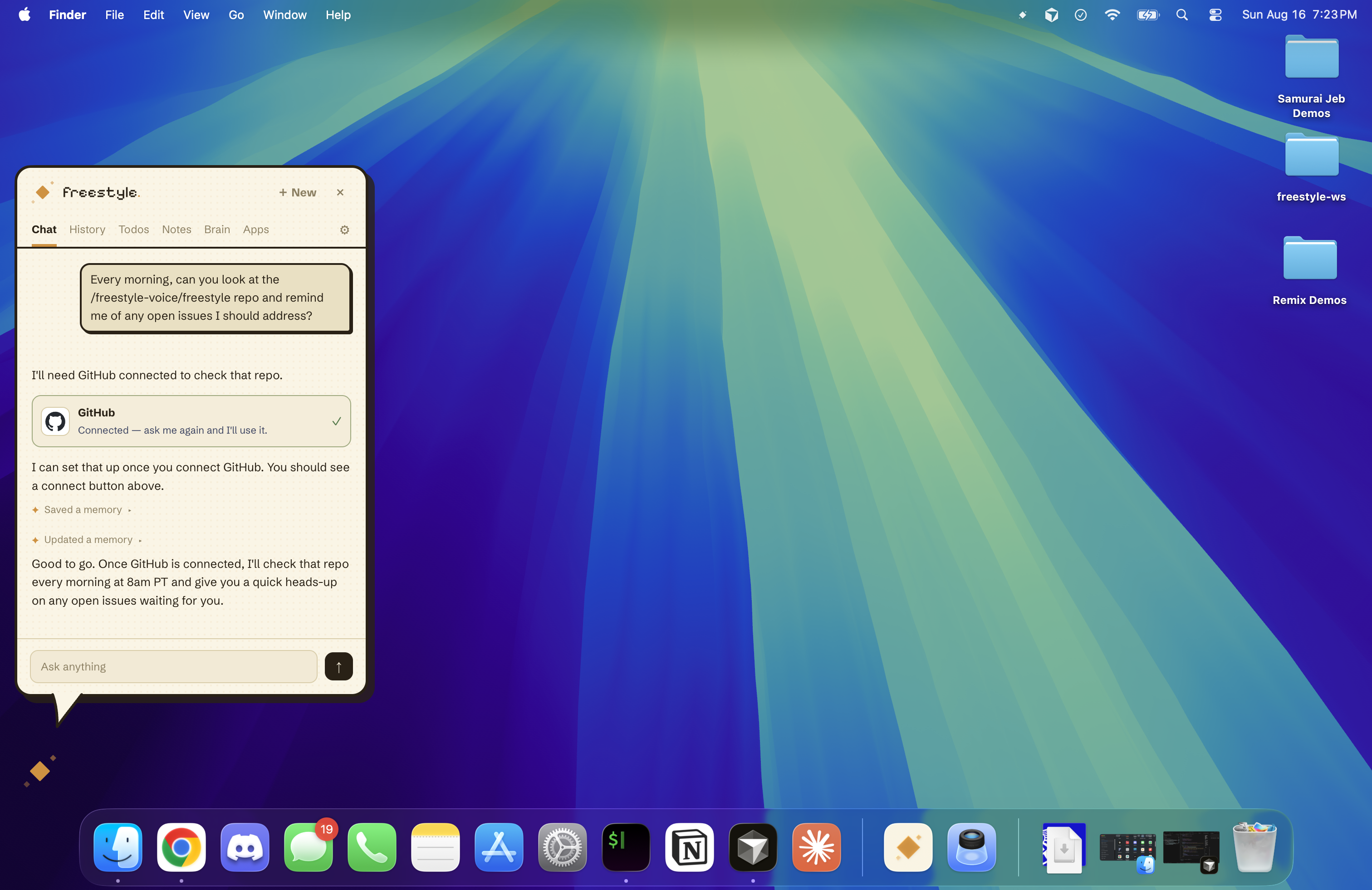 Freestyle on the desktop: the companion panel setting up a scheduled task to check a GitHub repo every morning