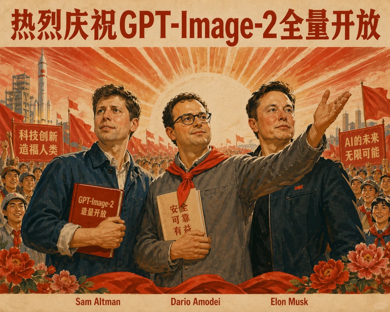 生成八十年代宣传画,标语“热烈庆祝GPT-Imag...