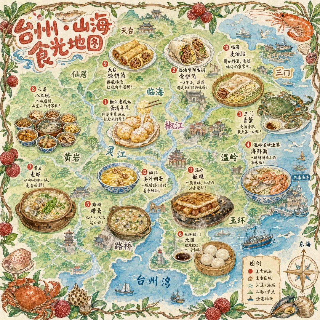 一张手绘风格的城市美食地图,以台州为主题。画面以鸟...