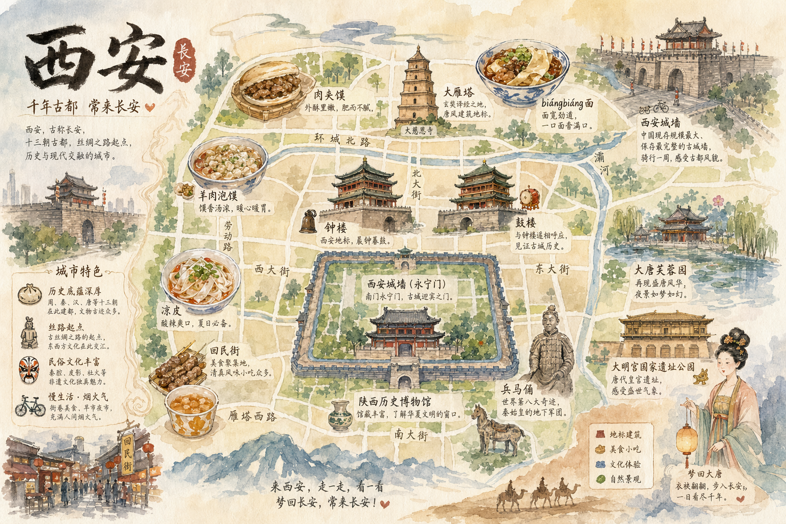Hand-drawn Xi'an watercolor map