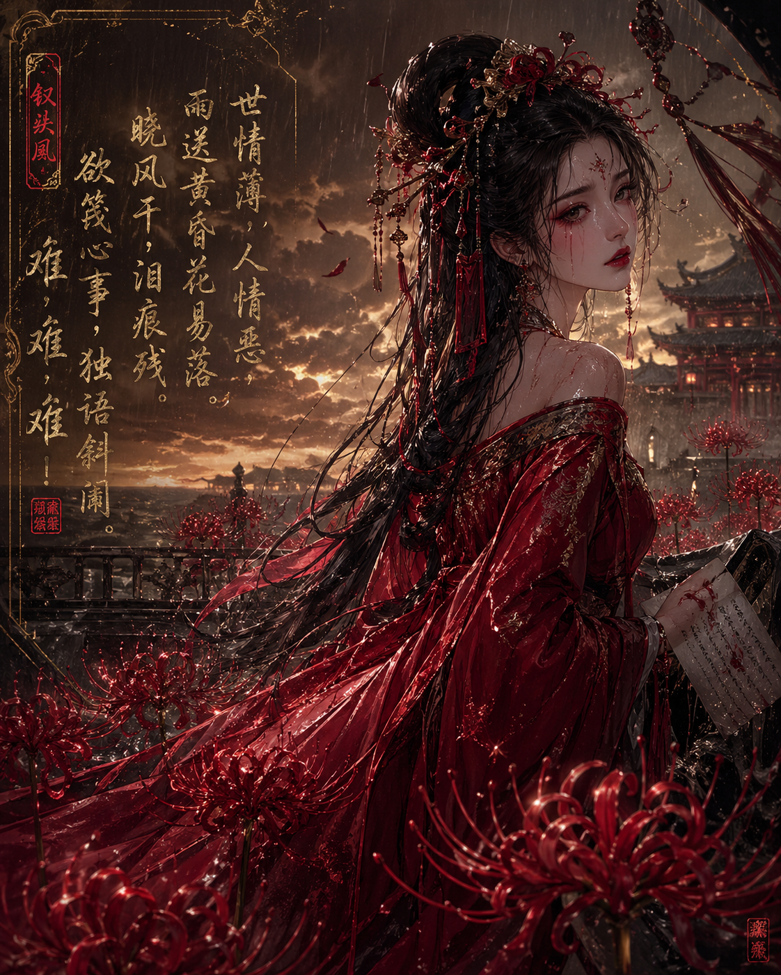 彼岸花丛中的红妆女子