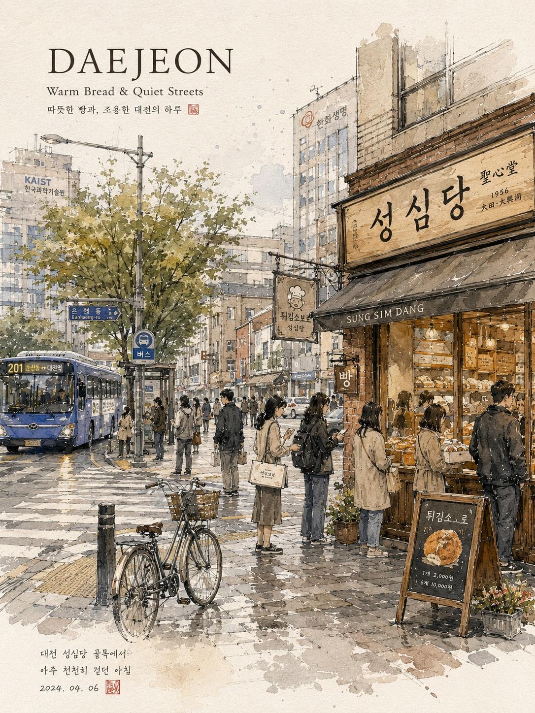 韩国城市水彩旅行插画