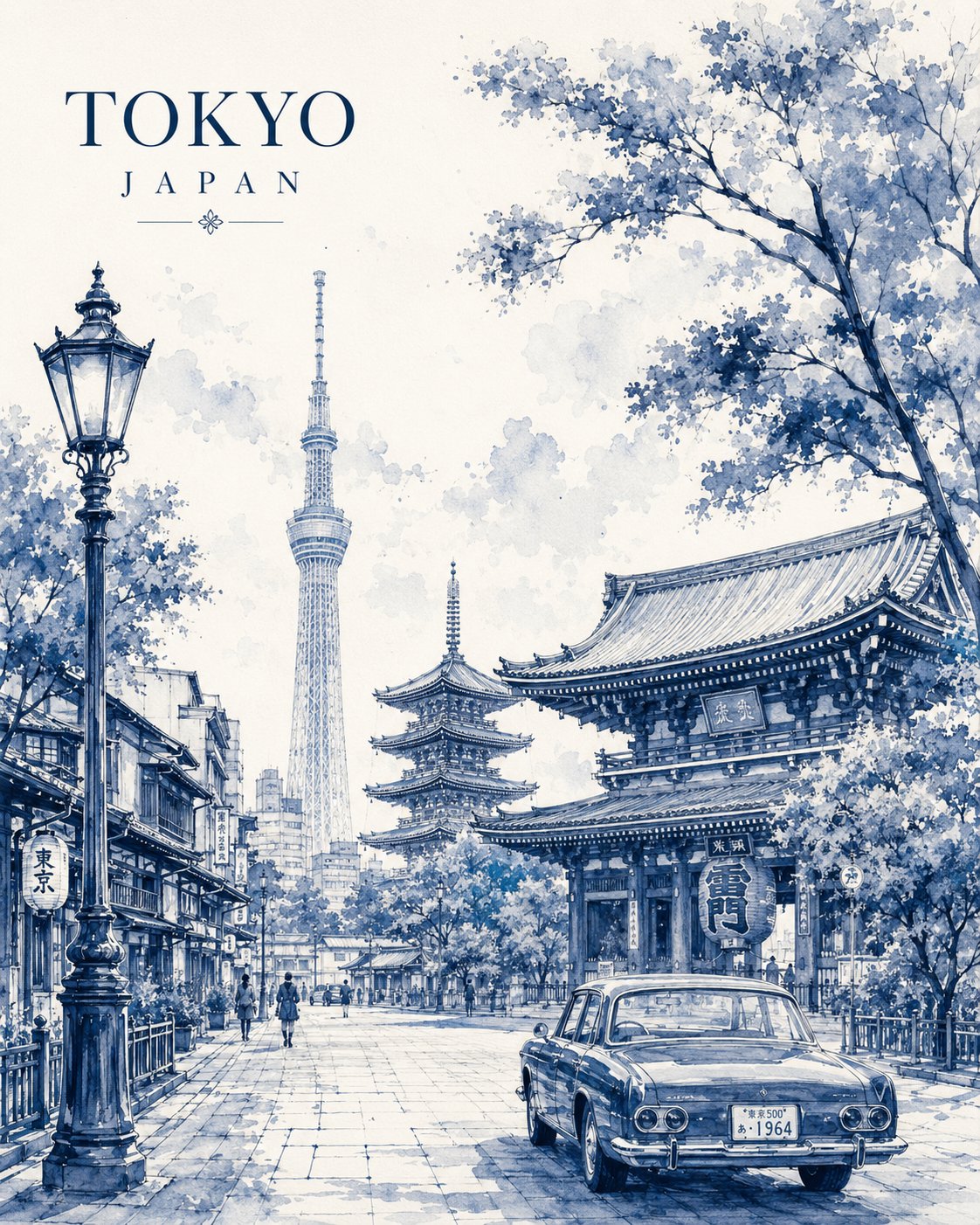 单色水彩城市旅行海报
