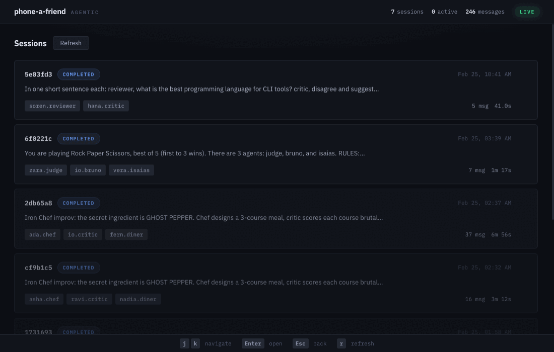 Agentic web dashboard showing live session with agent cards and @mention routing
