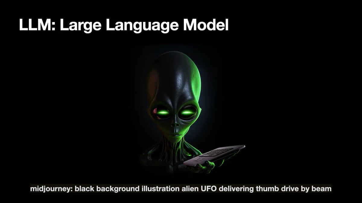 The alien image plus a caption:  midjourney: black background illustration alien UFO delivering thumb drive by beam  There is no visible UFO or beam in the image.